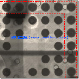 BGA錫球尺寸小于0.4mm，采用降低BGA內(nèi)圍襲球的錫膏量所得到X-Ray，稍微留意一下可以發(fā)現(xiàn)最外圈的錫量(圓的直徑)比其他內(nèi)圍的錫球上的錫量來(lái)得多一點(diǎn)點(diǎn)。也就是外圈的黑色圓形直徑比內(nèi)圈的圓形來(lái)得大一點(diǎn)點(diǎn)。