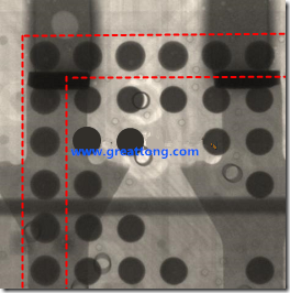 BGA錫球尺寸小于0.4mm，采用降低BGA內(nèi)圍襲球的錫膏量所得到X-Ray，稍微留意一下可以發(fā)現(xiàn)最外圈的錫量(圓的直徑)比其他內(nèi)圍的錫球上的錫量來(lái)得多一點(diǎn)點(diǎn)。也就是外圈的黑色圓形直徑比內(nèi)圈的圓形來(lái)得大一點(diǎn)點(diǎn)。