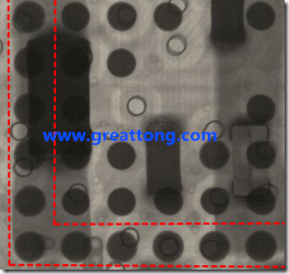 BGA錫球尺寸小于0.4mm，采用降低BGA內(nèi)圍襲球的錫膏量所得到X-Ray，稍微留意一下可以發(fā)現(xiàn)最外圈的錫量(圓的直徑)比其他內(nèi)圍的錫球上的錫量來(lái)得多一點(diǎn)點(diǎn)。也就是外圈的黑色圓形直徑比內(nèi)圈的圓形來(lái)得大一點(diǎn)點(diǎn)。