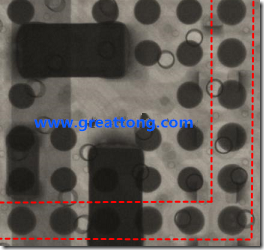 BGA錫球尺寸小于0.4mm，采用降低BGA內(nèi)圍襲球的錫膏量所得到X-Ray，稍微留意一下可以發(fā)現(xiàn)最外圈的錫量(圓的直徑)比其他內(nèi)圍的錫球上的錫量來(lái)得多一點(diǎn)點(diǎn)。也就是外圈的黑色圓形直徑比內(nèi)圈的圓形來(lái)得大一點(diǎn)點(diǎn)。