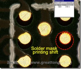 電路板BGA下面的防焊層印刷偏移，造成焊墊大小不一致。