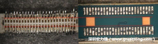 把板對板連接器與其電路板的佈線焊墊作一個比較，端子的切斷面有毛邊的地方剛好對到了裸銅區(qū)。