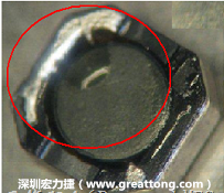 使用錫(Sn)鍍層的電源電感器(Power Inductors)，經(jīng)過(guò)推力測(cè)試后，其焊點(diǎn)還保留在零件的端點(diǎn)上，所以推力比較高。