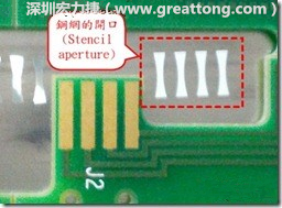 這個HotBar(熱壓熔錫焊接)吃錫的設(shè)計已經(jīng)對了一半，在印刷錫膏的時候在焊墊的中間位置減少錫膏，如果治具的設(shè)定正確的話，熱壓頭(thermode)要壓在焊墊中間的位置，焊錫的印出來結(jié)果如下面右圖所示。