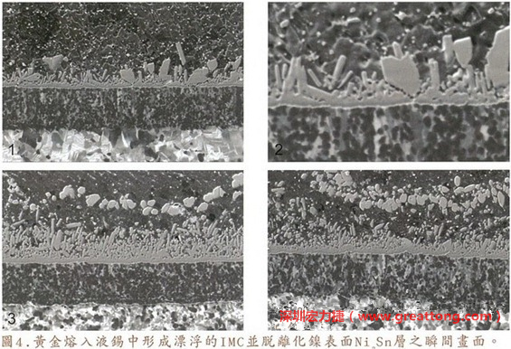 下面四張圖片為放大4500倍的SEM圖像，說明在回流焊爐熱量不足的情況下，黃金成份正要從鎳層分離融入焊錫之中的瞬間，當(dāng)零件遭受外力沖擊的時(shí)候就極有可能從這一整排AuSn、、AuSn2或AuSn4的IMC處裂開。