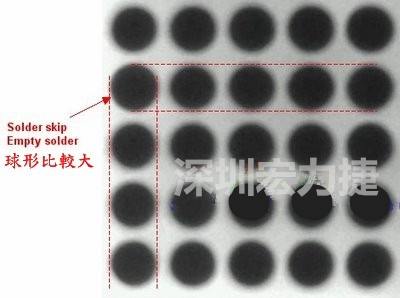 現(xiàn)在我畫幾條直線你再看看是否有發(fā)現(xiàn)那一顆BGA的錫球比較大，有空焊的可能？