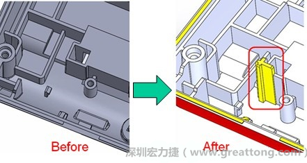 既然知道可能的問題出在電路板變形量過大，于是在電路板上黏貼應(yīng)力計(jì)(Stress Gauge)然后先量測(cè)未改善前的應(yīng)力數(shù)據(jù)。改善方法是在BGA的附近新增機(jī)溝肋柱(rib)來頂住電路板以降低電路板在落下時(shí)的變形量。