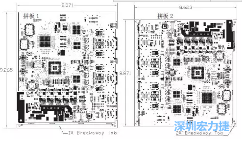 如圖7所示是使用不同數(shù)量邊條的拼板，拼板1僅使用了一個(gè)邊條，直接利用PCB另一邊作為SMT工藝傳送邊，并且PCB圖形中有合適的安裝孔；而拼板2則是按常規(guī)設(shè)計(jì)了兩個(gè)邊條。拼板方式為連接筋。圖中“Breakaway Tab”指邊條-深圳宏力捷