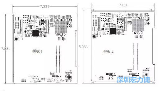 如圖11所示在兩種拼板中PCB單元的邊條位置不同，拼板1中邊條在長(zhǎng)邊方向，而拼板2中邊條在短邊方向-深圳宏力捷