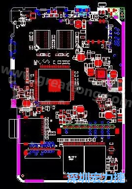 上圖是一個(gè)開(kāi)發(fā)板的PCB，從布局中可以看出各個(gè)接口電路分離很明確，SDRAM和DDR以及SD卡接口電路等走線不會(huì)造成相互的干擾。-深圳宏力捷