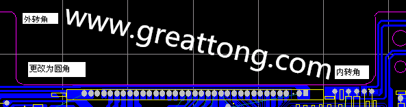 PCB設(shè)計時單面板的轉(zhuǎn)角都需為圓角，R1.0mm或R2.0mm為宜。