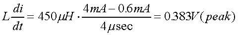 舉例來說，一個閘在"ON"而載有4mA的電流時，突然開關(guān)切到"OFF"且現(xiàn)在載有0.6mA的電流，假設(shè)開關(guān)時間為4msec，載有450mH的電感信號的導(dǎo)體，此時所產(chǎn)生的電壓突波為