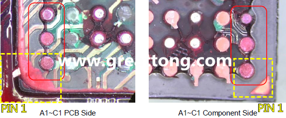 PIN-1的位置很重要，不知道Pin-1在哪里？那你怎么知道斷裂錫球在PCB的位置，如何判斷可能的應(yīng)力(Stress) 影響。一般在PCB的絲印層(白漆)上面一定會標示零件的PIN-1位置，有的未打一個圓點，有的會畫三角形，但這張照片在PCB的PIN-1被紅墨水遮住了，如果可以的話建議那一塊沒有紅墨水的板子對照一下。