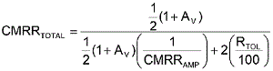 方程式1是從理想運(yùn)算放大器的CMRR等式中匯出，其中CMRRAMP被假定為非常大(無窮大)。