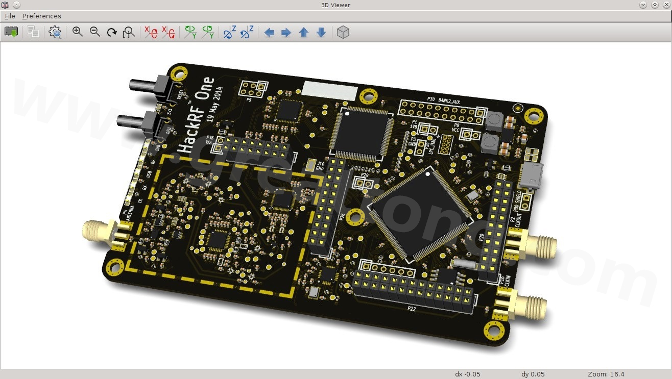 經(jīng)KiCad軟體3D功能渲染過(guò)的HackRF One電路板。