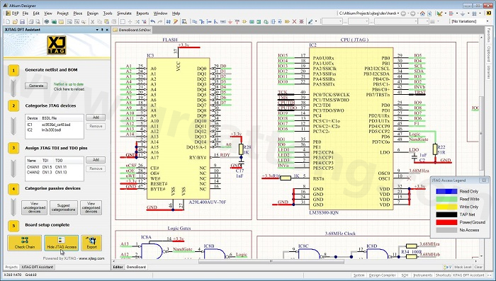 XJTAG DFT Assistant的Access Viewer模式可以清楚地顯示可用的測(cè)試存取層級(jí)，讓電路板設(shè)計(jì)人員在展開PCB布局以前的原理圖擷取階段盡可能地提高測(cè)試存取能力