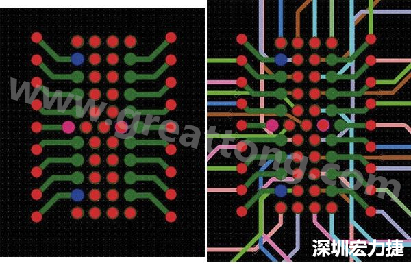 圖7：焊盤(pán)內(nèi)過(guò)孔用于內(nèi)部，而外部接腳在0.5mm閘格上扇出。圖7a顯示的是頂層(左)；圖7b顯示頂層和內(nèi)部布線層(右)。