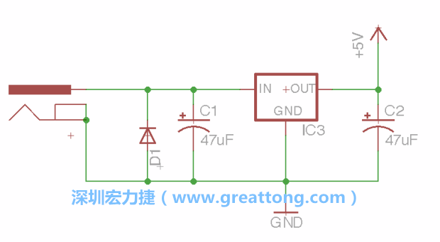 新增RBBB→Power_Jack，將它放在電壓調(diào)整器的輸入端旁邊。