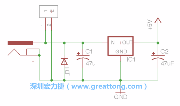 2.5.    新增一個(gè)二極體，它會(huì)以水平的狀態(tài)出現(xiàn)在屏幕上，請使用「旋轉(zhuǎn)（Rotate）」工具把它負(fù)極那一面朝上，并且用「網(wǎng)絡(luò)連接」工具將它連接在電壓調(diào)整器的輸入端和接地端之間。