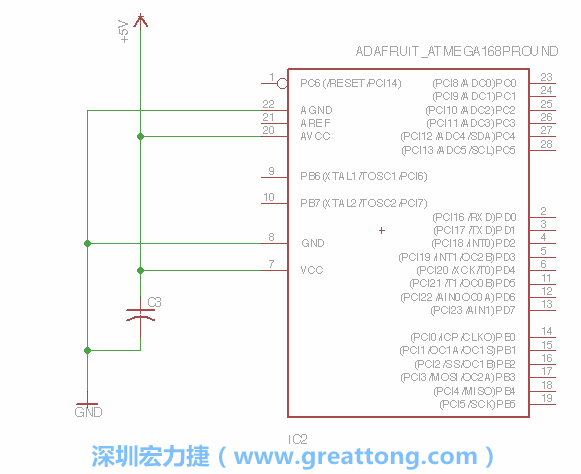 3.1.    新增微控制器晶片（RBBB → ATmega），把它放在電路原理圖的中央附近，把它的兩個接地接頭連接到接地訊號端。