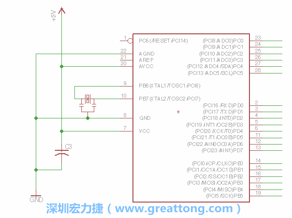 3.2.    在靠近ATmega的電源供應(yīng)針腳7的位置放置一個0.1μF的電容，將它分別連接電源、接地端和針腳7。