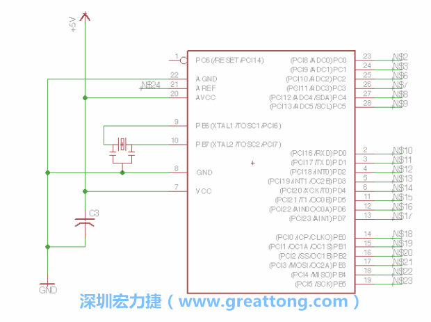 3.3.    將共鳴器（resonator）放置在針腳9和針腳10附近，將它的三個針腳連接如圖所示，并確認(rèn)最中間的針腳有連到接地端。