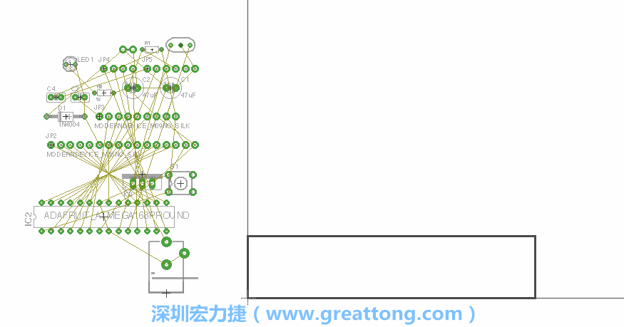 第一次執(zhí)行布線編輯器時，你會發(fā)現(xiàn)有兩個區(qū)塊，左邊的區(qū)塊非?；靵y，而右邊的區(qū)塊則是一個長方形的工作區(qū)域，EAGLE免費版會限制你的工作區(qū)域在4” x 3.2”的范圍內(nèi)，如果你試圖將元件擺放在工作區(qū)外的話，就會跳出警示訊息。