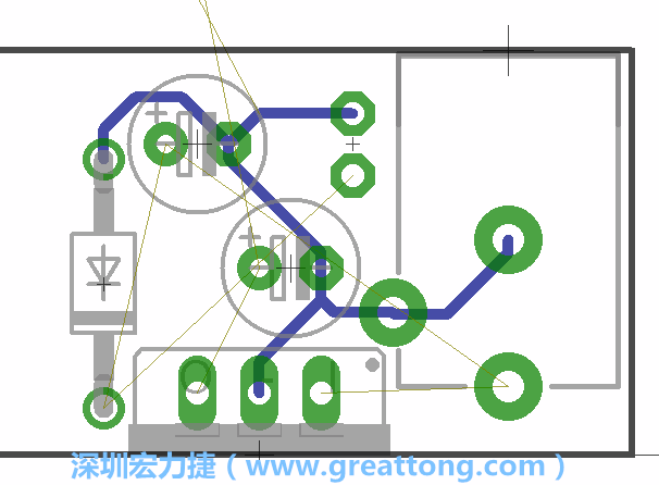 當(dāng)你在擺放元件時，要注意元件間的連結(jié)關(guān)系使用「旋轉(zhuǎn)（Rotate）」工具來讓連結(jié)點更接近、更容易布線。舉例來說，我們可以將這邊的二極體轉(zhuǎn)一個方向來縮短和47μF電容間的連結(jié)距離。