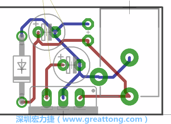 接地連結(jié)點的布線情形如下圖所示，利用這個練習(xí)來避免電路連線銳角化的產(chǎn)生是一個不錯的選擇，你可以在工具列中的彎曲線路（Wire Bend）選項里改變各種布線的變化。