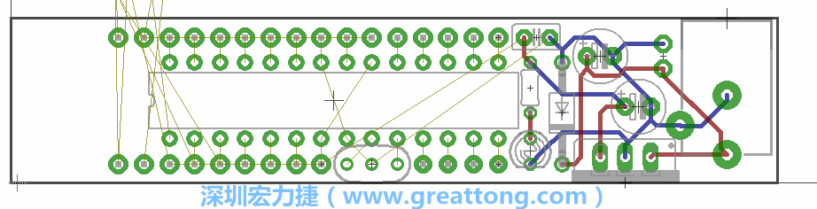 將ATmega微控制器、三個GPIO排針（JP2, JP3, JP4）和諧振器（resonator）排置如上圖所示。