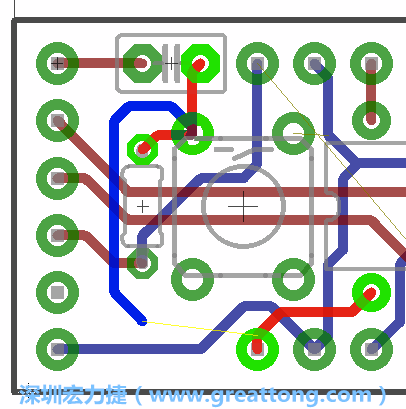 要在電路板正面進行+5V信號線連結(jié)和其他連結(jié)點的布線工作是非常容易的，而重置信號線（信號線用來連結(jié)電路板正面左邊的重置開關(guān)）需要經(jīng)過一個可以通過電路板正反兩面的電路通道，這個通道是一個可以讓電路板正反兩面線路連接的一個小孔。