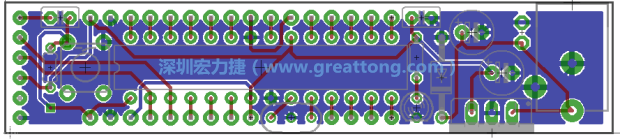 第二篇文章則帶領你進行電路板上的布線、連結點的配置，并利用「設計規(guī)則檢查（Design Rule Check）」測試你的設計，第二篇文章的電路板設計圖將如下所示：