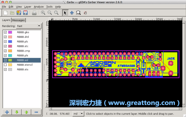 將圖層匯入你的Gerber預覽工具內（下圖為Gerbv），我通常會從上到下重新排列它們的順序，好讓我比較好校對：