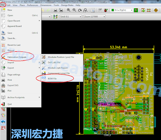 在Kicad的PCB Editor, 點(diǎn)選 File->Fabrication Outputs->BOM File, 即可產(chǎn)生一個(gè) .csv 的Excel 檔案。