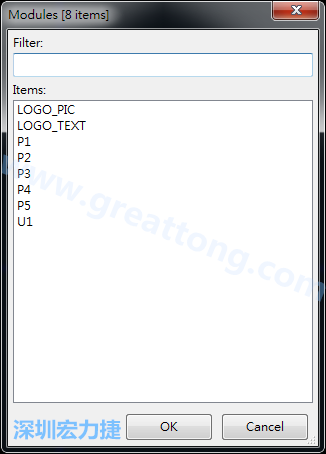 從目前正在編輯的PCB載入Module， 會顯示有那些項目可載入。點選一個， OK后即完成載入