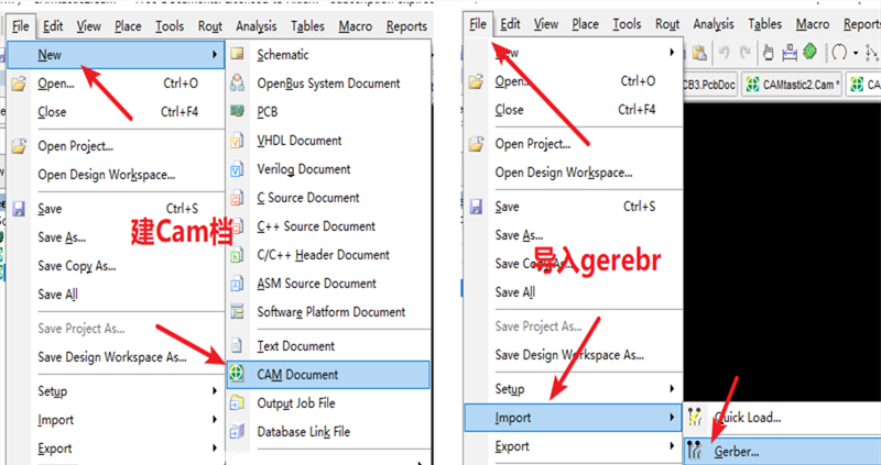 在File下新建 Cam檔，建后再File下導(dǎo)入Gerber文件，選擇所有文件導(dǎo)入gerber。