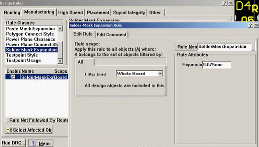 5. 而對于阻焊的調(diào)整則可以通過按D、R調(diào)出[Manufacturing]制作設(shè)計規(guī)則的[Solder-Mask Expansion Rule]設(shè)置項直接設(shè)定單邊放大值