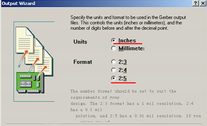 在上圖中選擇“Inches 2：5”，以確保資料精度，反之線寬、線距或孔有偏移現(xiàn)象